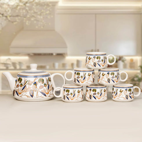 Bronze Petals Ceramic Tea Set With 6 Cups Kettle